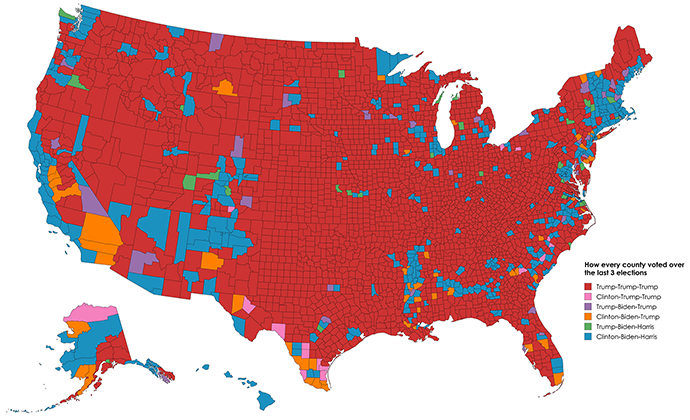 How every county voted in the last three elections through 2024